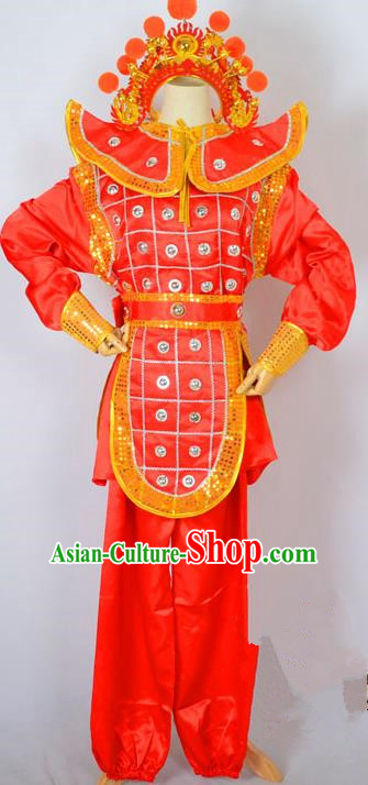 Traditional Chinese Professional Peking Opera Takefu Costume and Headwear, China Beijing Opera Shaoxing Opera Children Niche Warrior Red Clothing