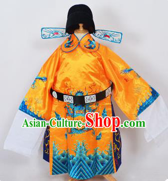 Traditional Chinese Professional Peking Opera Old Men Costume Yellow Embroidered Robe and Hat, China Beijing Opera Prime Minister Embroidery Robe Gwanbok Clothing