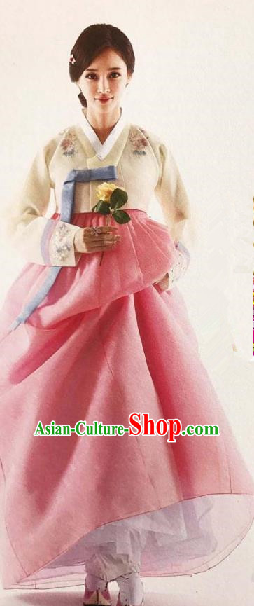 Traditional Korean Handmade Embroidery Bride Hanbok Pink Dress, Top Grade Korea Hanbok Wedding Costume for Women