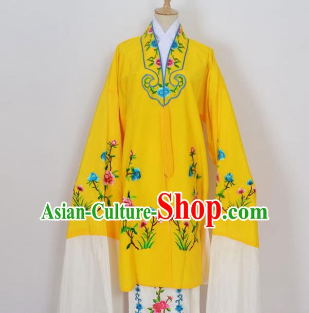 Traditional Chinese Professional Peking Opera Young Lady Costume Yellow Embroidery Mantel, China Beijing Opera Diva Hua Tan Embroidered Dress Clothing