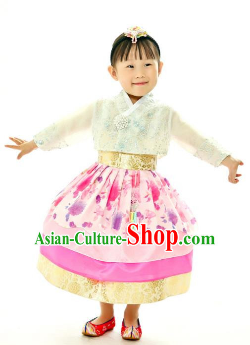 Traditional South Korean Handmade Embroidery Hanbok Children Birthday Princess Pink Full Dress, Top Grade Korea Hanbok Costume Complete Set for Kids