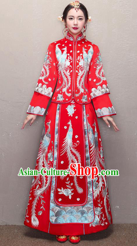 Traditional Ancient Chinese Wedding Costume Handmade XiuHe Suits Embroidery Phoenix Dress Bride Toast Cheongsam, Chinese Style Hanfu Wedding Clothing for Women