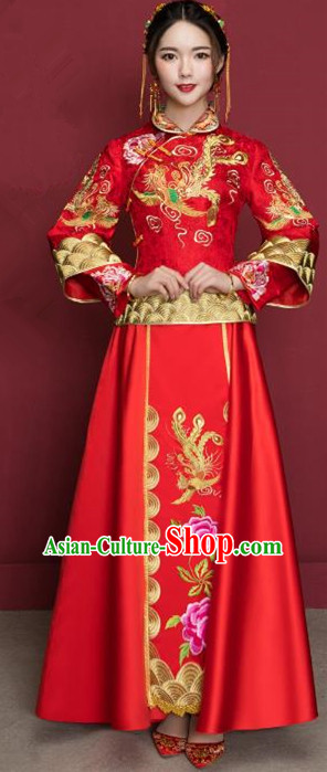 Traditional Ancient Chinese Wedding Costume Handmade Delicacy XiuHe Suits Embroidery Peony Long Sleeve Cheongsam Palace Bottom Drawer, Chinese Style Hanfu Wedding Bride Hanfu Clothing for Women