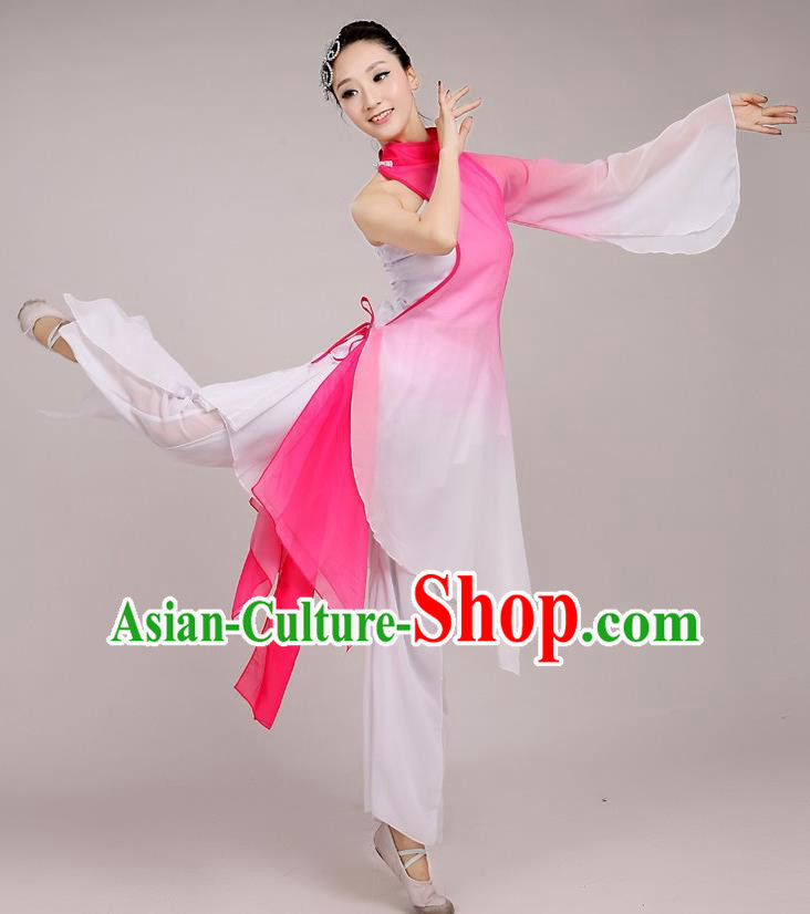 Traditional Chinese Folk Dance Costume Yangge Dance Pink Chiffon Uniform, Chinese Classical Fan Dance Umbrella Dance Yangko Embroidery Clothing for Women