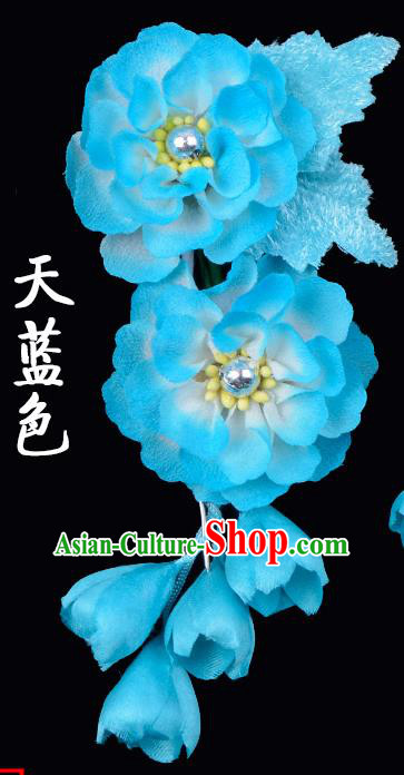 Traditional Beijing Opera Diva Hair Accessories Sky Blue Silk Flowers Hairpins, Ancient Chinese Peking Opera Hua Tan Hair Stick Headwear