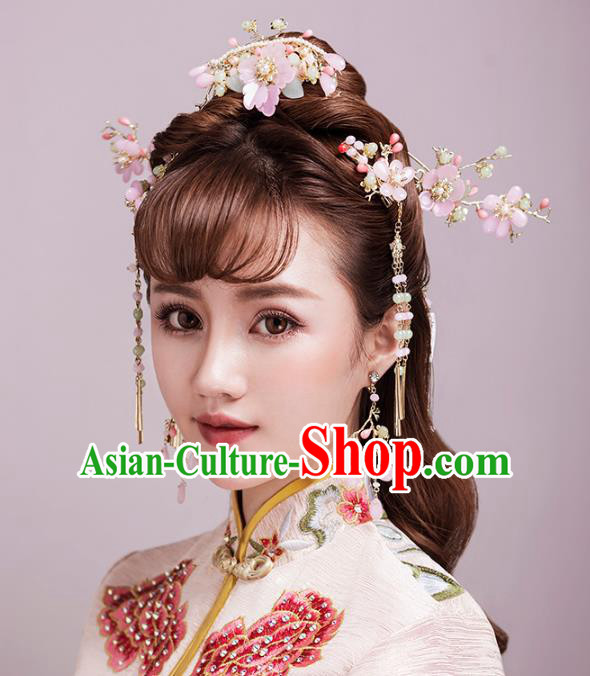 Aisan Chinese Handmade Classical Hair Accessories Pink Flowers Hair Comb Tassel Step Shake Complete Set, China Xiuhe Suit Hairpins Wedding Headwear for Women