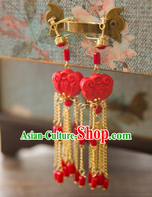 Top Grade Handmade Classical Hair Accessories Hanfu Red Earrings, Chinese Princess Eardrop for Women