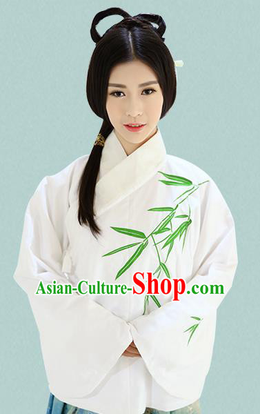 Traditional Oriental China Costume Palace Lady White Blouse, Chinese Ming Dynasty Princess Embroidered Bamboo Clothing for Women