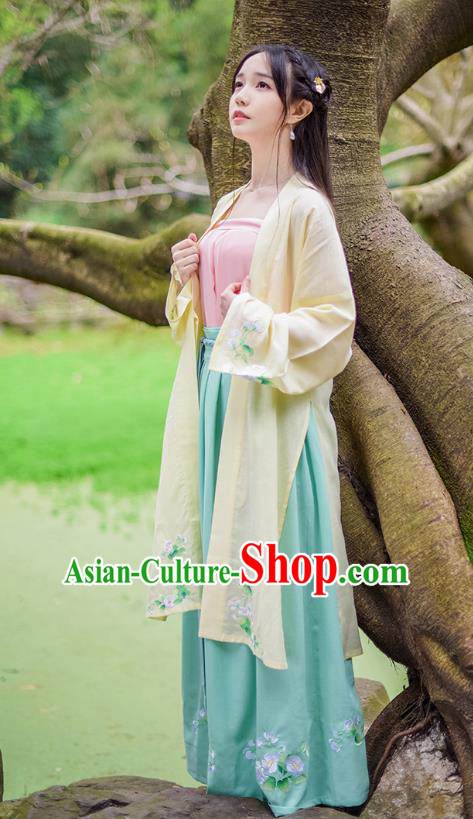Traditional Chinese Ancient Hanfu Princess Costume, Asian China Song Dynasty Young Lady Embroidery Long BeiZi Yellow Cardigan for Women