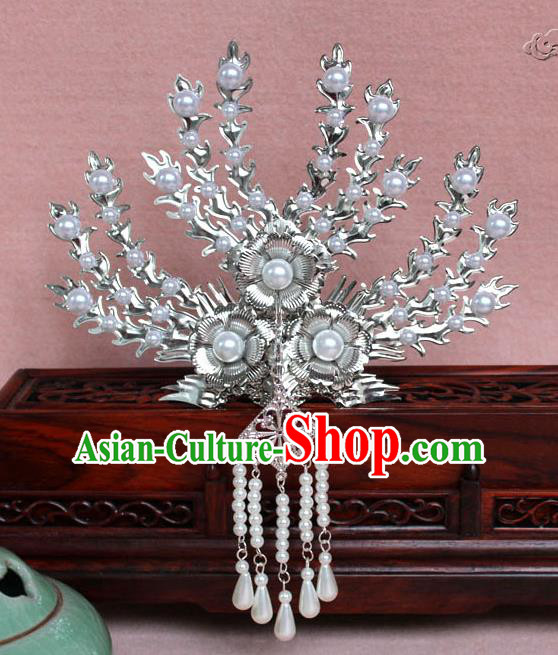 Traditional Handmade Chinese Hair Accessories Princess White Crystal Phoenix Hairpins, Tang Dynasty Palace Lady Tassel Frontlet Step Shake for Women