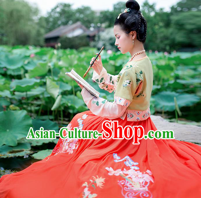 Asian China Ancient Tang Dynasty Costume Green Half-Sleeves and Slip Skirt Complete Set, Traditional Chinese Princess Embroidered Clothing for Women