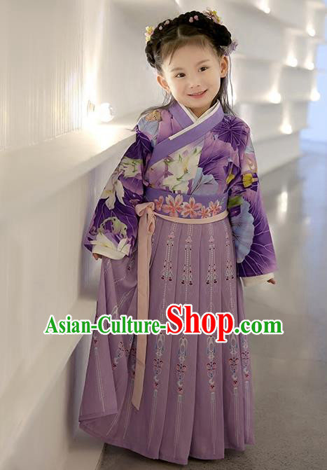 Asian China Ancient Han Dynasty Costume Purple Dress, Traditional Chinese Princess Embroidered Clothing for Kids