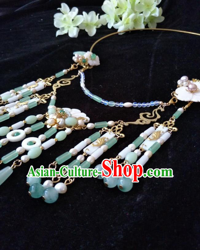 Traditional Handmade Chinese Accessories Shell Necklace, China Palace Lady Hanfu Green Beads Tassel Necklet for Women