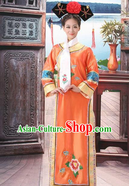 Traditional Ancient Chinese Manchu Palace Lady Costume, Asian Chinese Qing Dynasty Princess Orange Embroidered Dress Clothing for Women