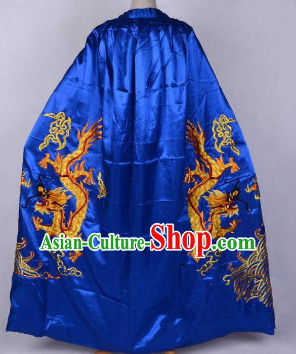 Top Grade Professional Beijing Opera Costume Emperor Embroidered Royalblue Cloak, Traditional Ancient Chinese Peking Opera King Embroidery Dragons Mantle Clothing