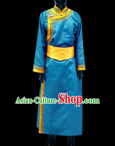 Traditional Chinese Mongol Nationality Dance Costume Wedding Clothing, Chinese Mongolian Minority Nationality Bridegroom Light Blue Mongolian Robe for Men