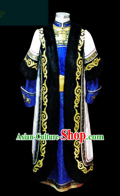 Traditional Chinese Mongol Nationality Dance Costume King Blue Mongolian Robe, Chinese Mongolian Minority Nationality Bridegroom Embroidery Costume for Men