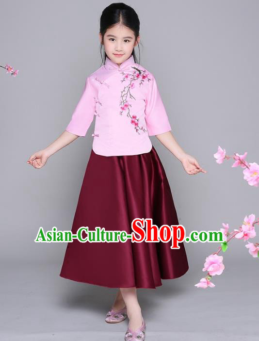 Traditional Chinese Republic of China Children Clothing, China National Embroidered Blouse and Skirt for Kids