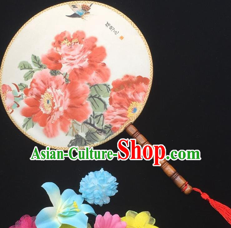 Traditional Chinese Handmade Palace Fans Hanfu Princess Printing Peony Round Fan for Women