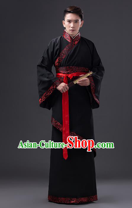 Traditional Chinese Han Dynasty Prime Minister Costume, China Ancient Chancellor Hanfu Black Clothing for Men