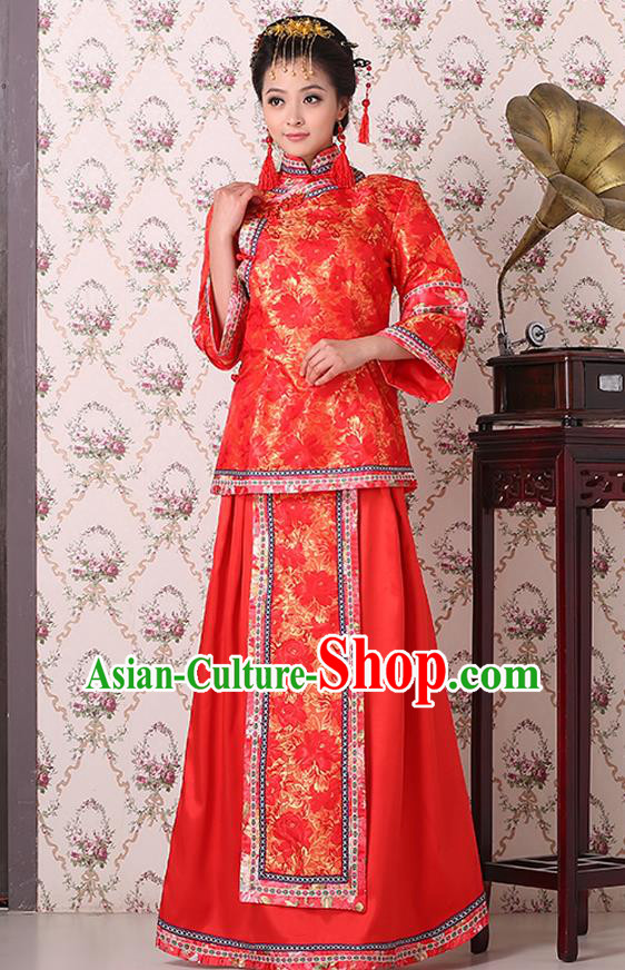 Traditional China Qing Dynasty Nobility Dowager Costume, Chinese Ancient Gentlewoman Embroidery Red Xiuhe Suit Clothing