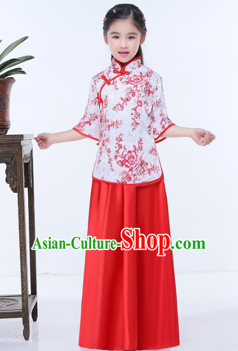 Traditional Chinese Republic of China Children Clothing, China National Embroidered Red Blouse and Skirt for Kids