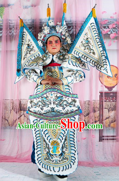 Chinese Beijing Opera General Costume White Embroidered Armour, China Peking Opera Military Officer Embroidery Gwanbok Clothing