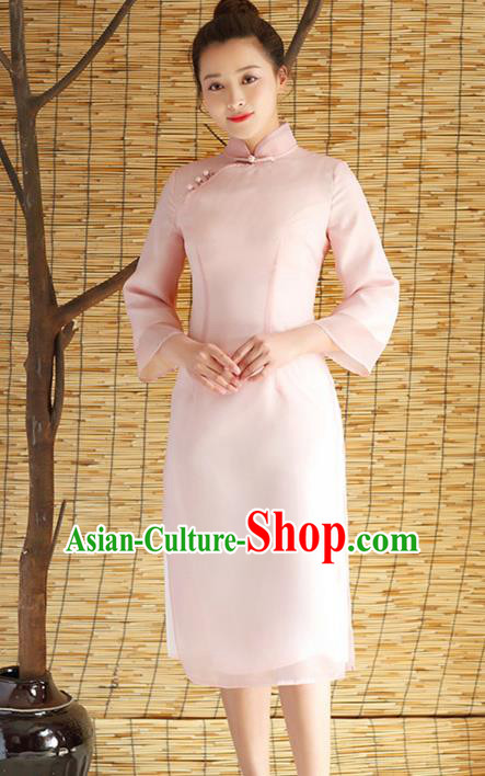 Traditional Chinese National Costume Hanfu Pink Stand Collar Qipao Dress, China Tang Suit Cheongsam for Women