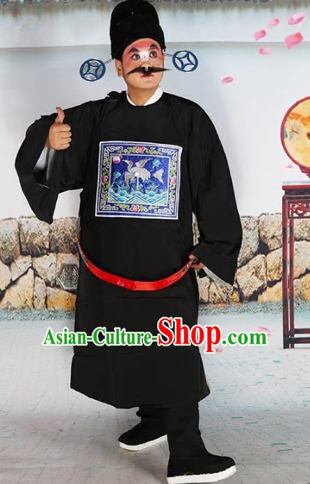 Chinese Beijing Opera County Magistrate Costume Black Embroidered Robe, China Peking Opera Officer Embroidery Clothing
