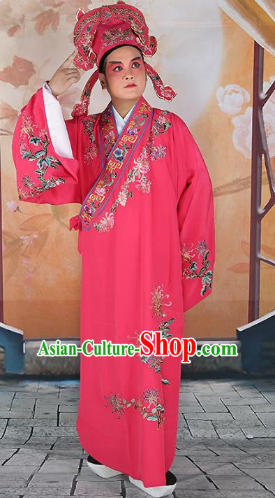 Chinese Beijing Opera Niche Costume Peach Pink Embroidered Robe, China Peking Opera Scholar Embroidery Chrysanthemum Clothing