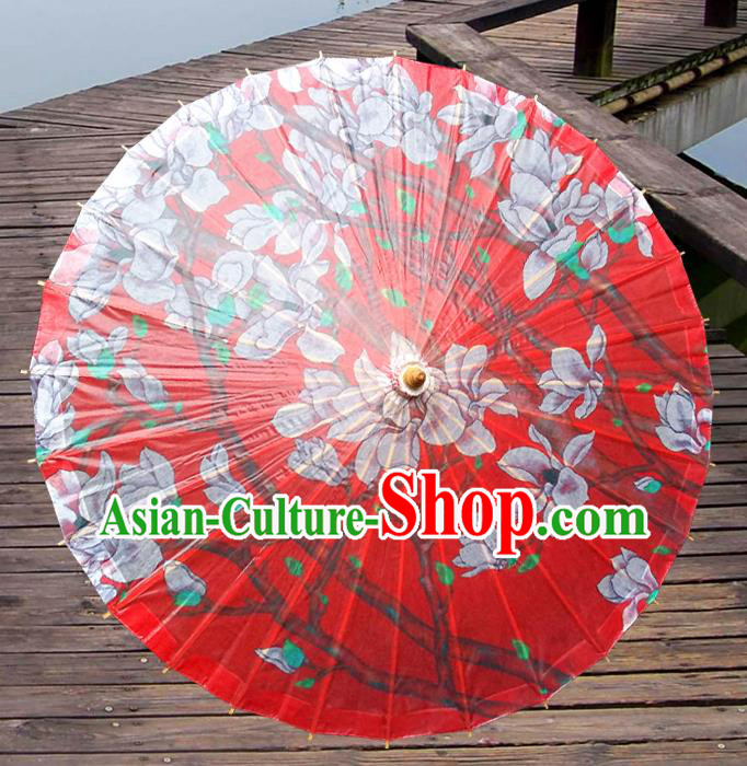 Handmade China Traditional Folk Dance Umbrella Painting Magnolia Red Oil-paper Umbrella Stage Performance Props Umbrellas