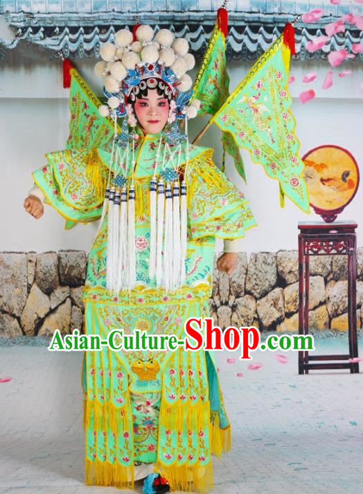 Chinese Beijing Opera Female General Embroidered Green Costume, China Peking Opera Blues Embroidery Clothing