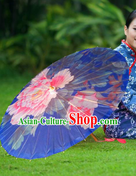 China Traditional Folk Dance Umbrella Hand Painting Peony Blue Oil-paper Umbrella Stage Performance Props Umbrellas