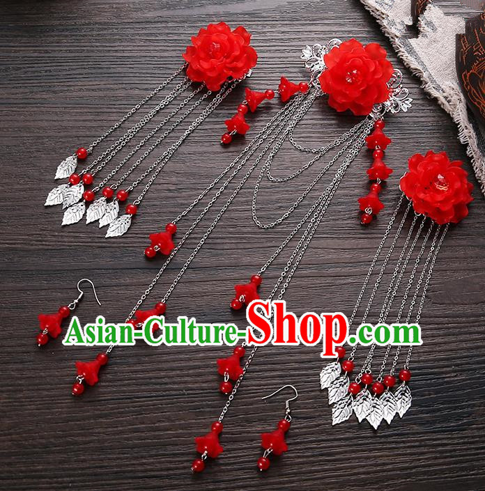 Handmade Asian Chinese Classical Hair Accessories Ancient Red Flower Hair Stick Hairpins for Women