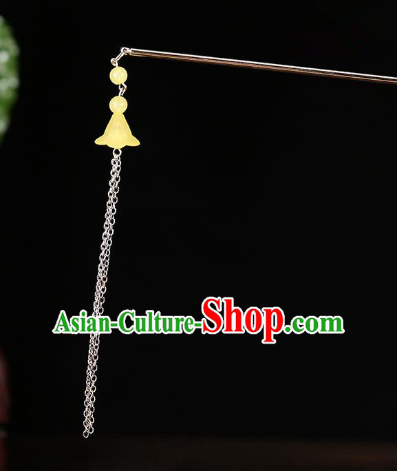 Handmade Asian Chinese Classical Hair Accessories Ancient Yellow Tassel Step Shake Hairpins for Women