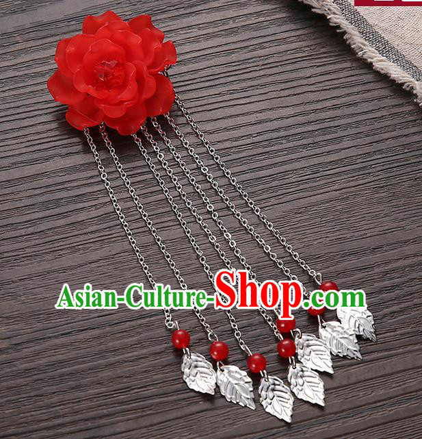 Asian Chinese Handmade Classical Hair Accessories Red Flower Hairpins Hanfu Tassel Hair Claw for Women