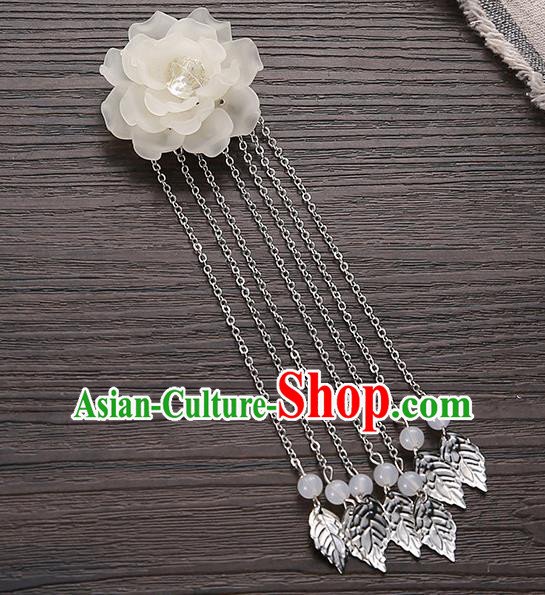 Asian Chinese Handmade Classical Hair Accessories White Flower Hairpins Hanfu Tassel Hair Claw for Women