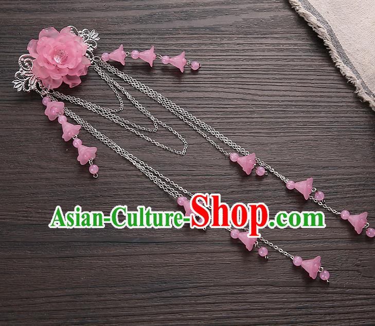 Asian Chinese Handmade Classical Hair Accessories Pink Long Tassel Hair Claw Hanfu Hairpins for Women