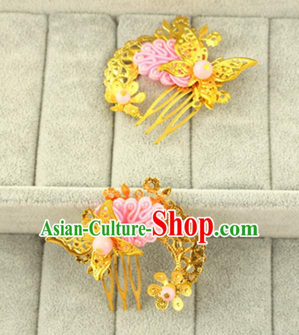 Asian Chinese Handmade Classical Hair Accessories Princess Hairpins Pink Butterfly Hair Comb for Women