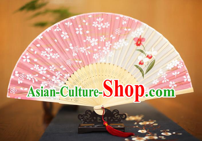 Traditional Chinese Crafts Printing Sakura Pink Folding Fan, China Sensu Paper Fans for Women