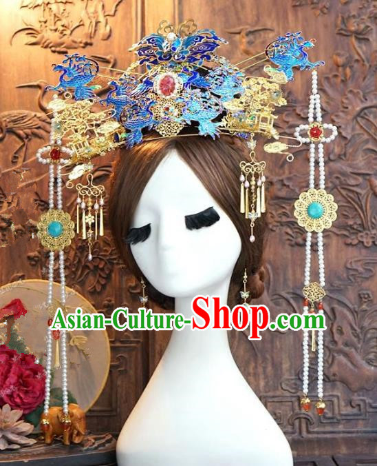 Chinese Handmade Classical Hair Accessories Ancient Ming Dynasty Palace Lady Hairpins Blueing Phoenix Coronet for Women