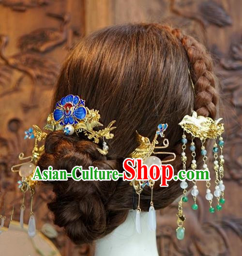 Chinese Ancient Handmade Classical Wedding Hair Accessories Xiuhe Suit Blueing Hairpins Complete Set for Women