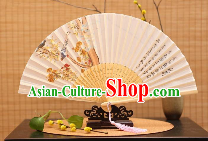 Traditional Chinese Crafts Printing Bird Folding Fan, China Sensu Paper Fans for Women