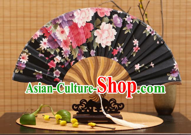 Traditional Chinese Crafts Printing Black Silk Folding Fan Sensu Fans for Women