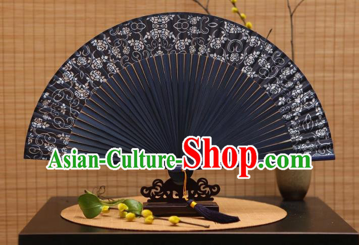 Traditional Chinese Crafts Printing Flowers Black Silk Folding Fan Sensu Fans for Women