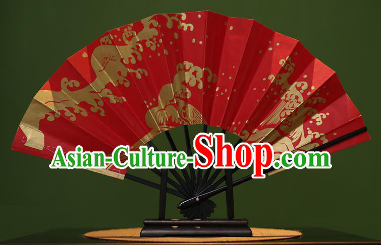 Traditional Chinese Crafts Printing Red Paper Folding Fan Sensu Fans for Women