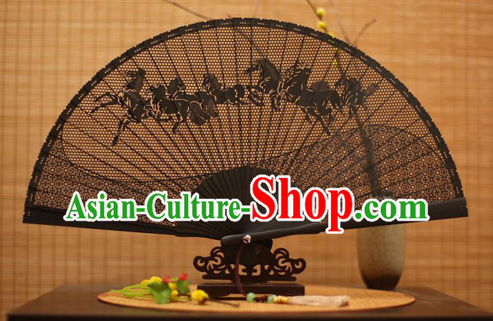 Traditional Chinese Crafts Black Sandalwood Folding Fan, Chinese Hollow Out Horse Fans Bamboo Fans for Women