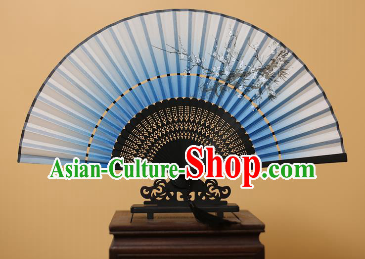 Traditional Chinese Crafts Printing Plum Blossom Light Blue Folding Fan, China Handmade Bamboo Fans for Women