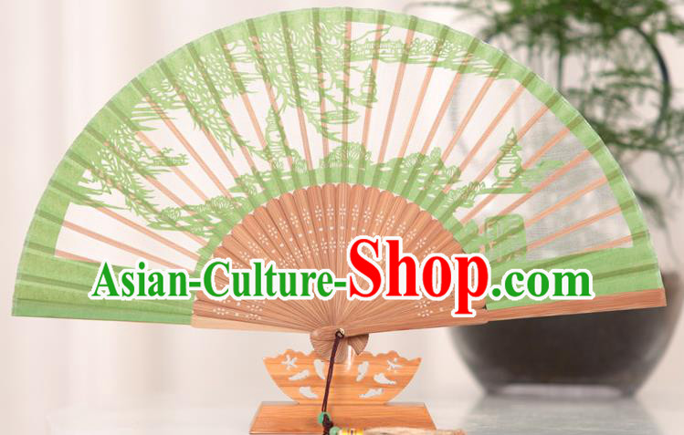 Traditional Chinese Crafts West Lake Scenery Folding Fan, China Handmade Classical Green Silk Fans for Women