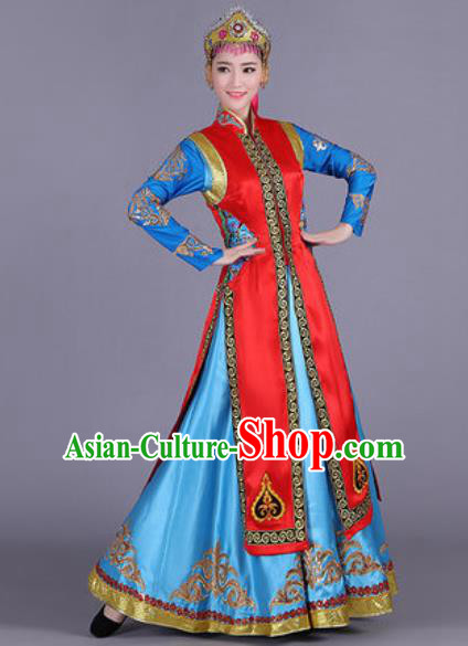 Chinese Traditional Mongol Nationality Costume Mongolian Folk Dance Ethnic Red Dress for Women